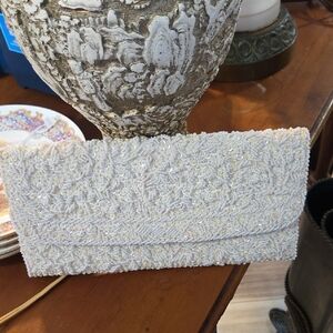 Chic Beaded Cream Clutch